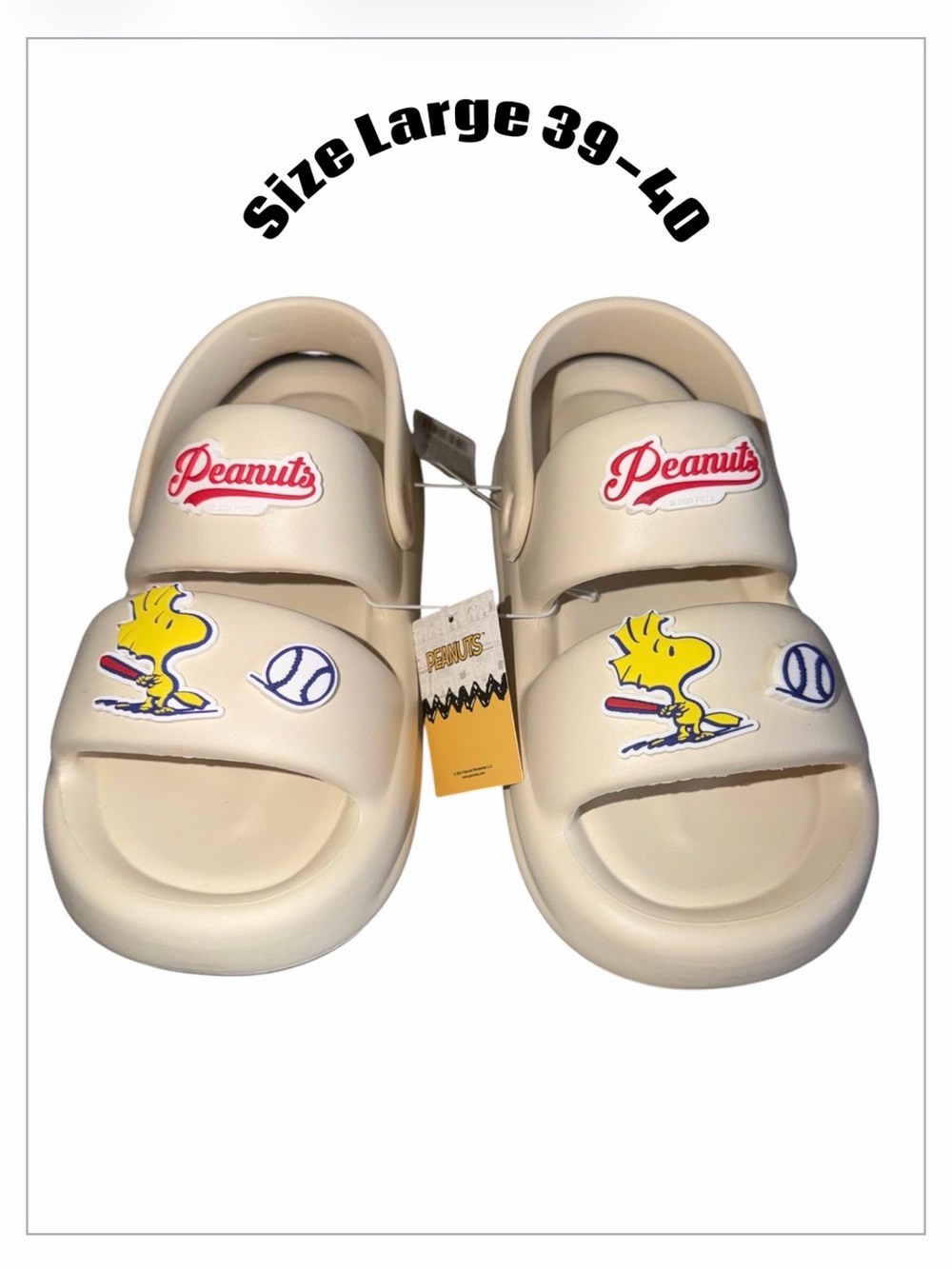 *new* Peanuts Cream Slide Sandals with Yellow Woodstock Graphic